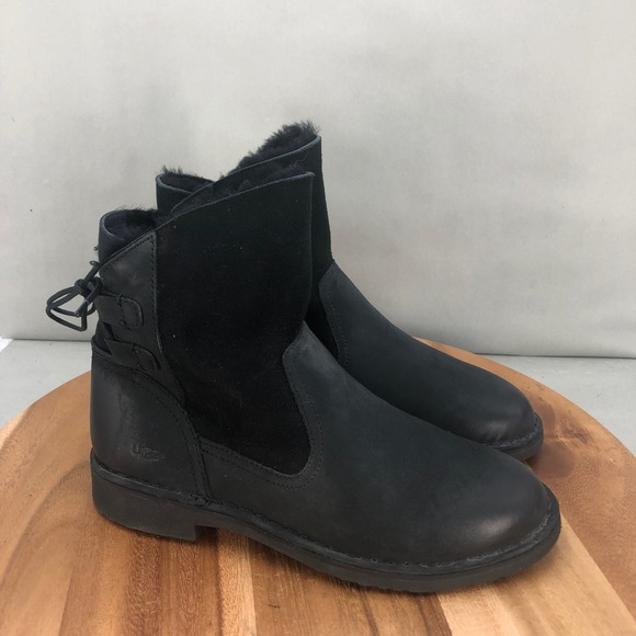 UGG Linney Black Leather Suede Shearling Lace Up Ankle Boots Womens Size 8.5 - Picture 1 of 6